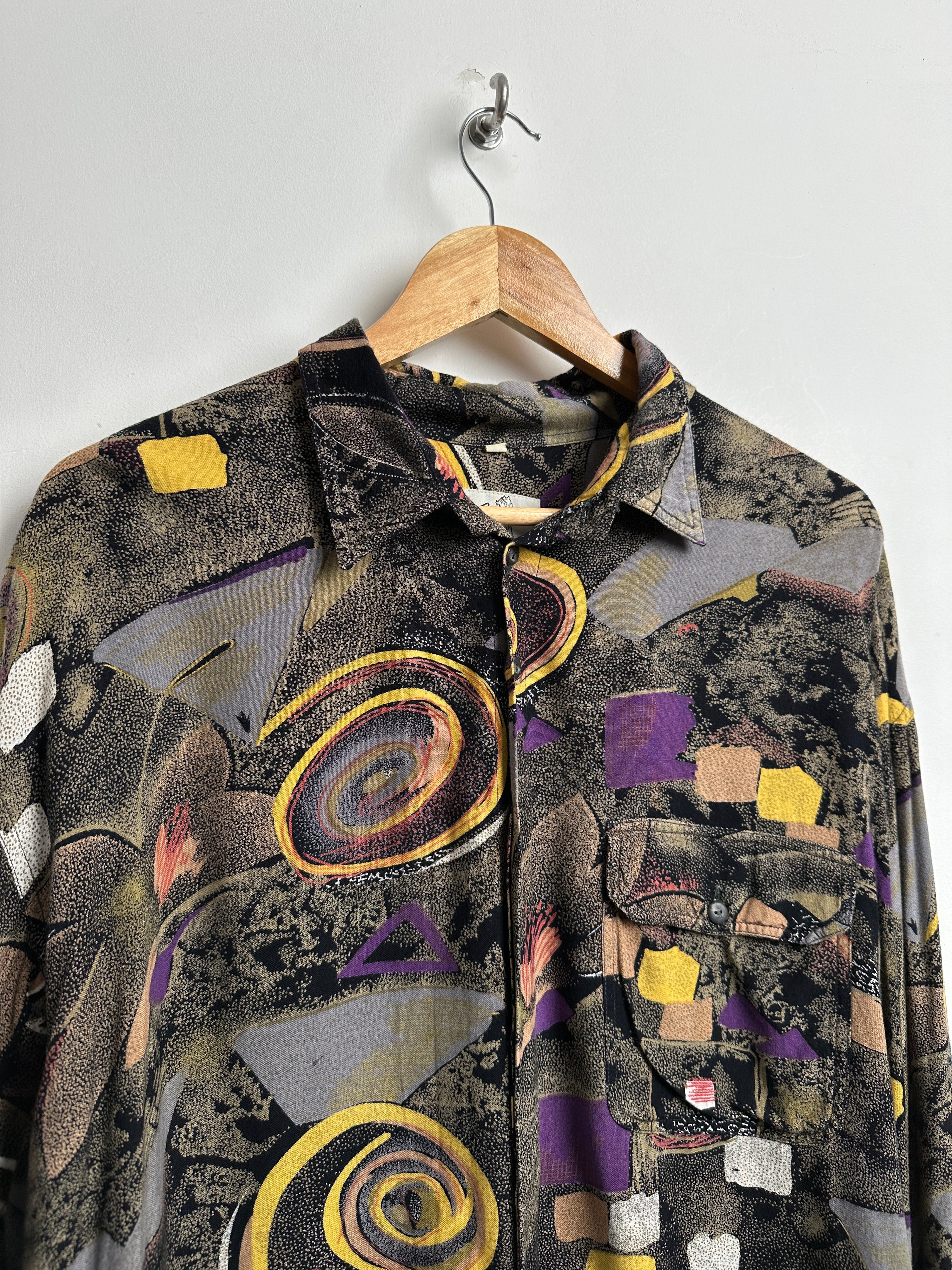 90s Vintage Goouch Abstract All Over Print Button Up Shirt - thrift.mt