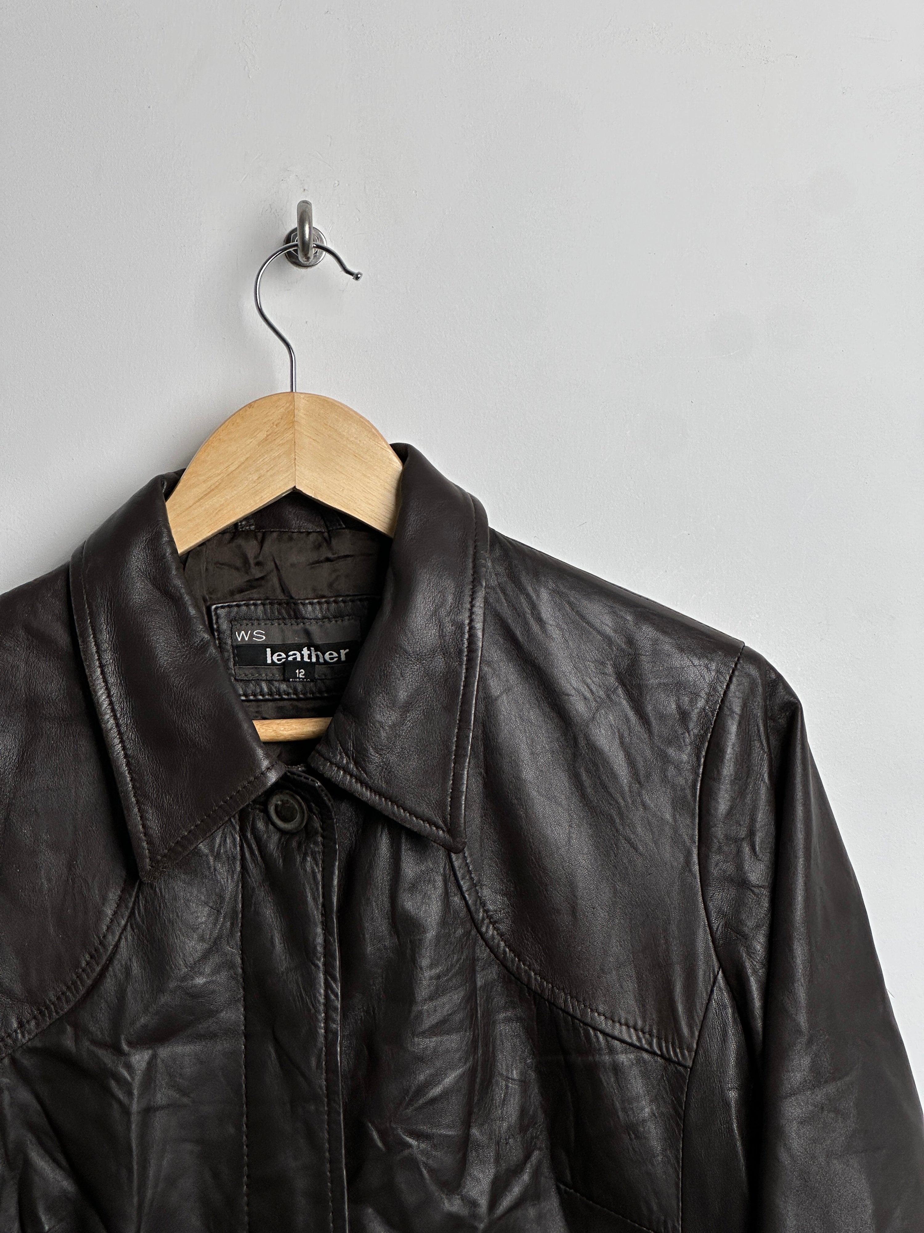 WS leather brown long button up jacket