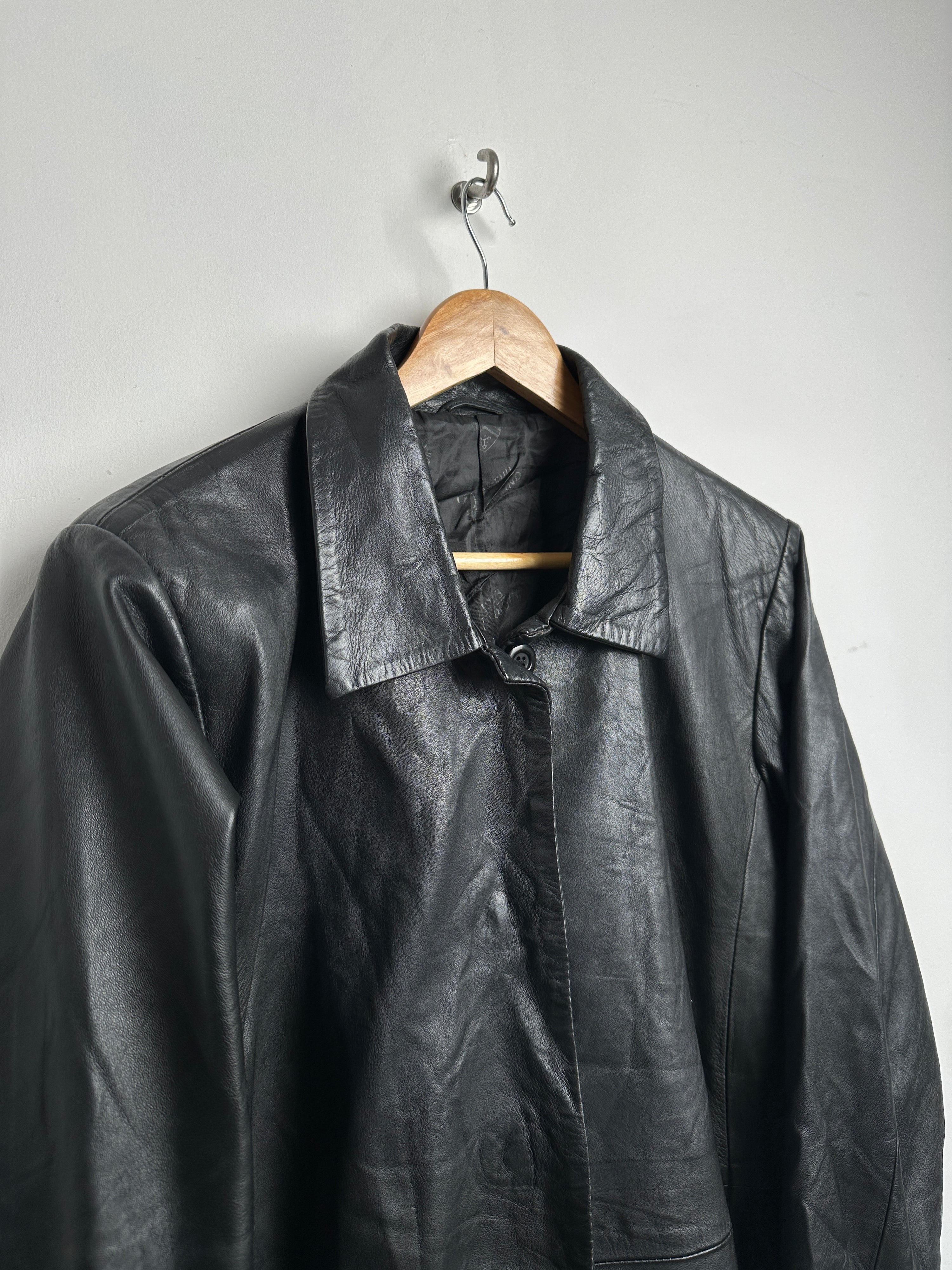 Vintage long leather jacket hidden buttons