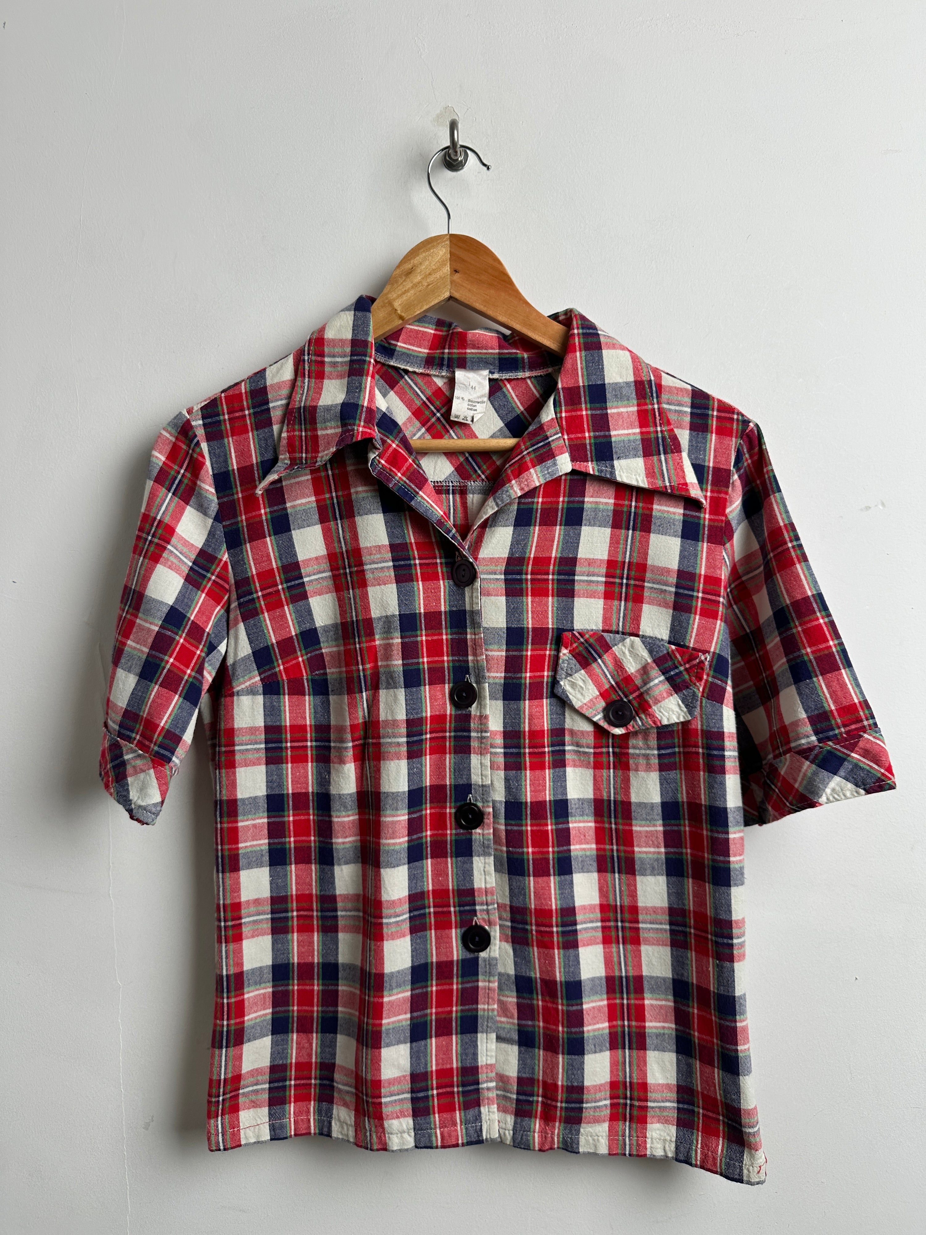 Red plaid short sleeved shirt