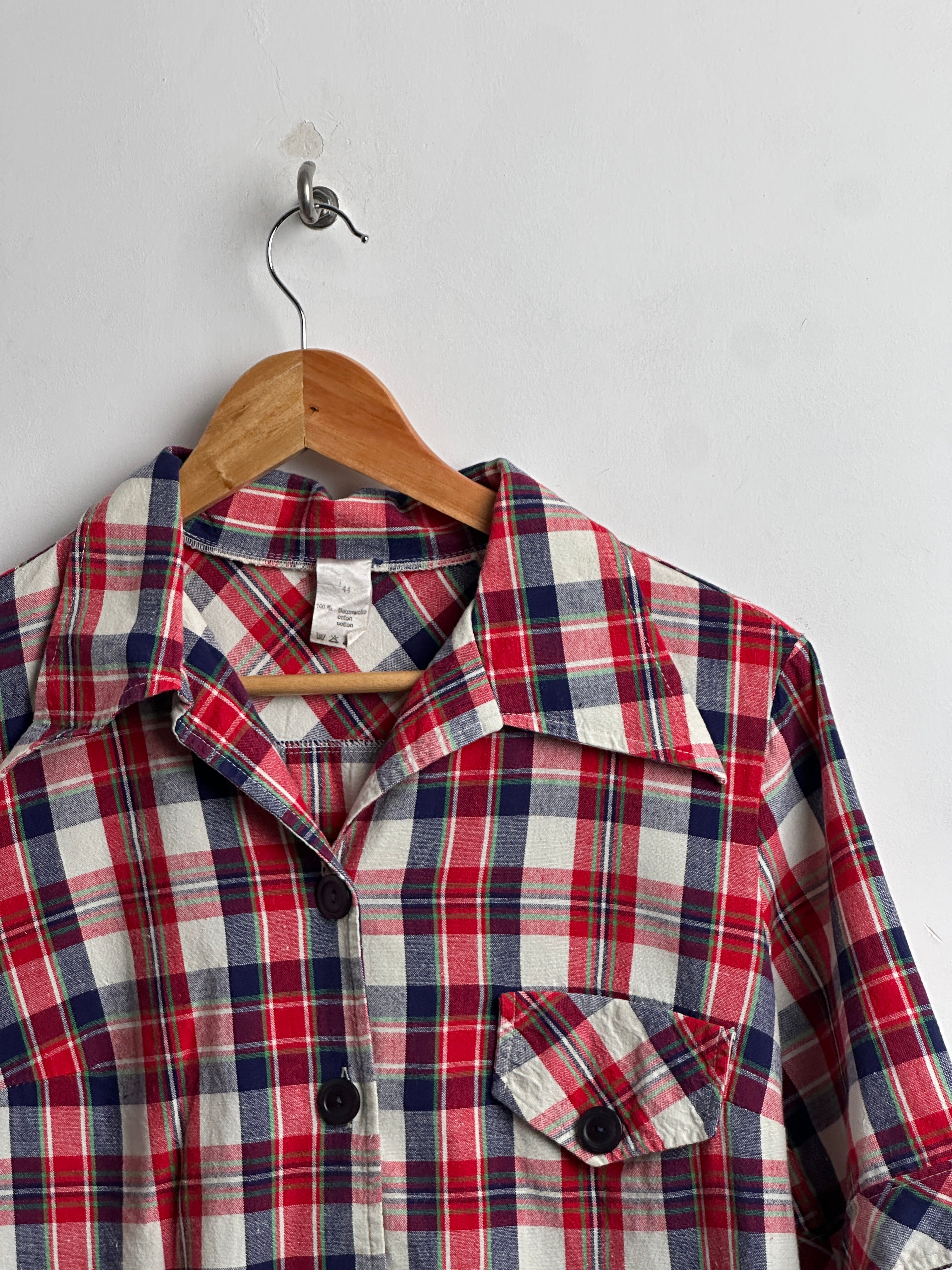 Red plaid short sleeved shirt