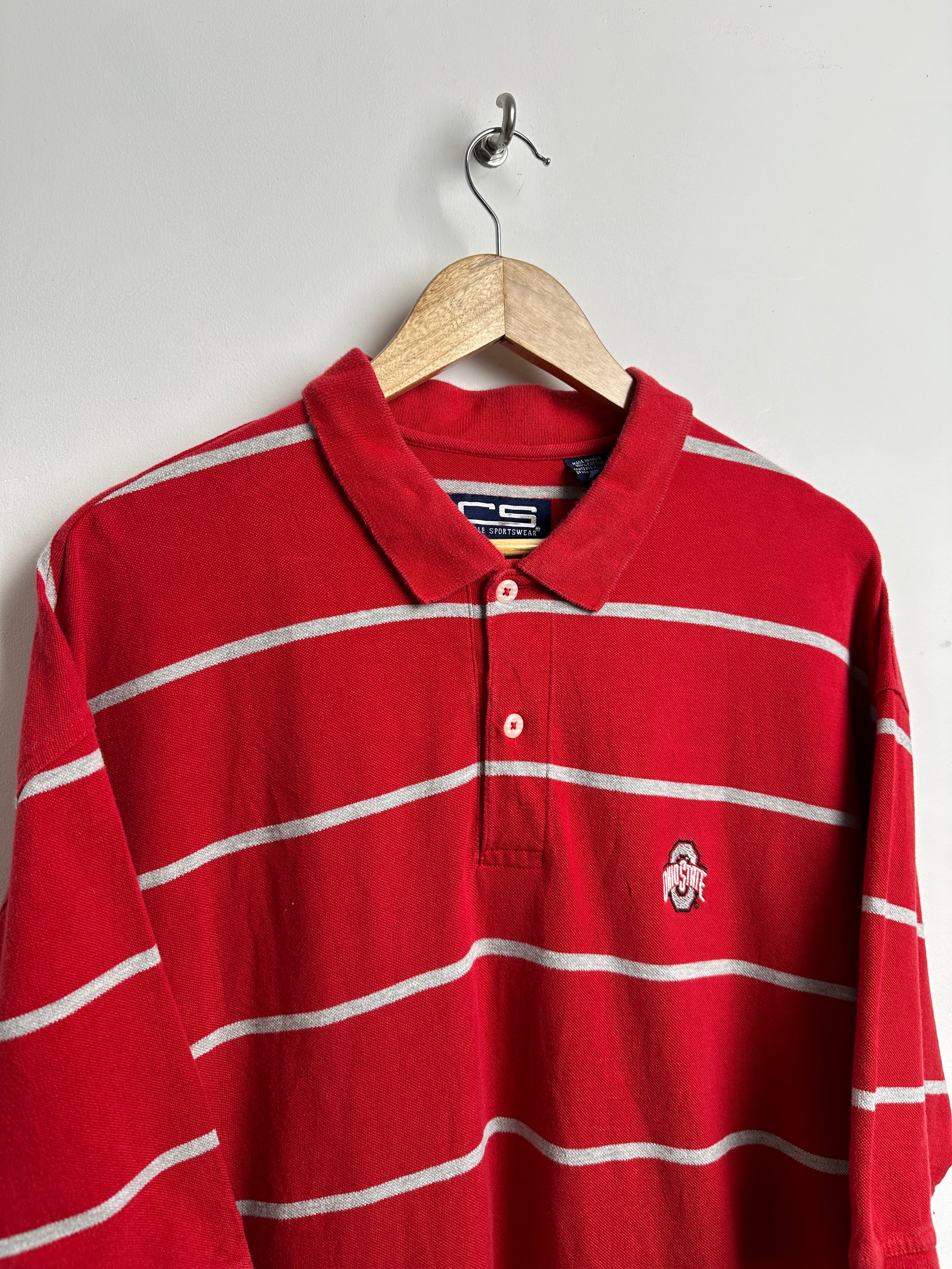 Ohio State short-sleeve polo shirt in red with grey stripes