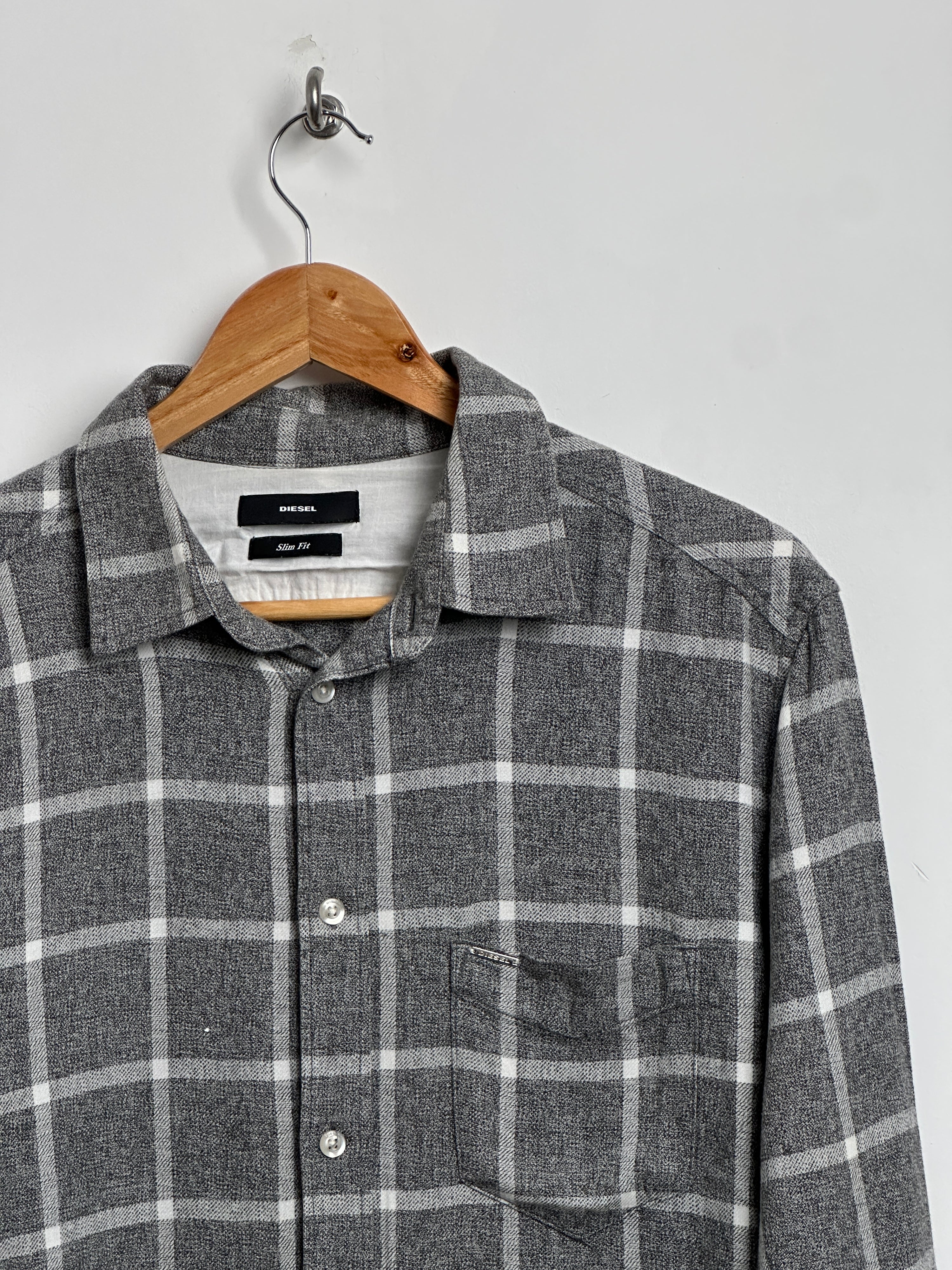 DIESEL Gray Plaid Raw Hem Slim Fit Flannel Button Up Shirt