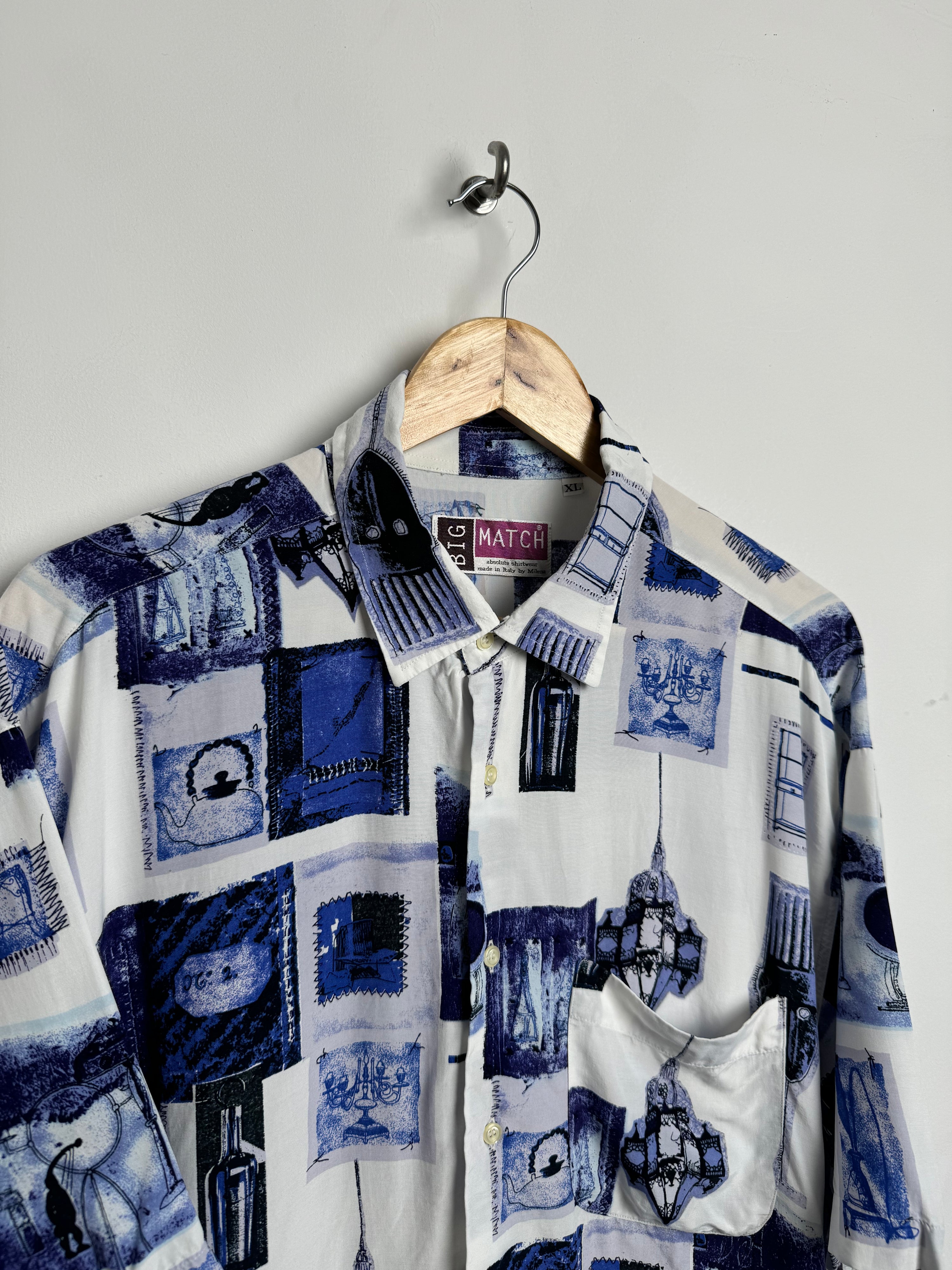 BIG MATCH vintage shirt in white with blue tiled graphic