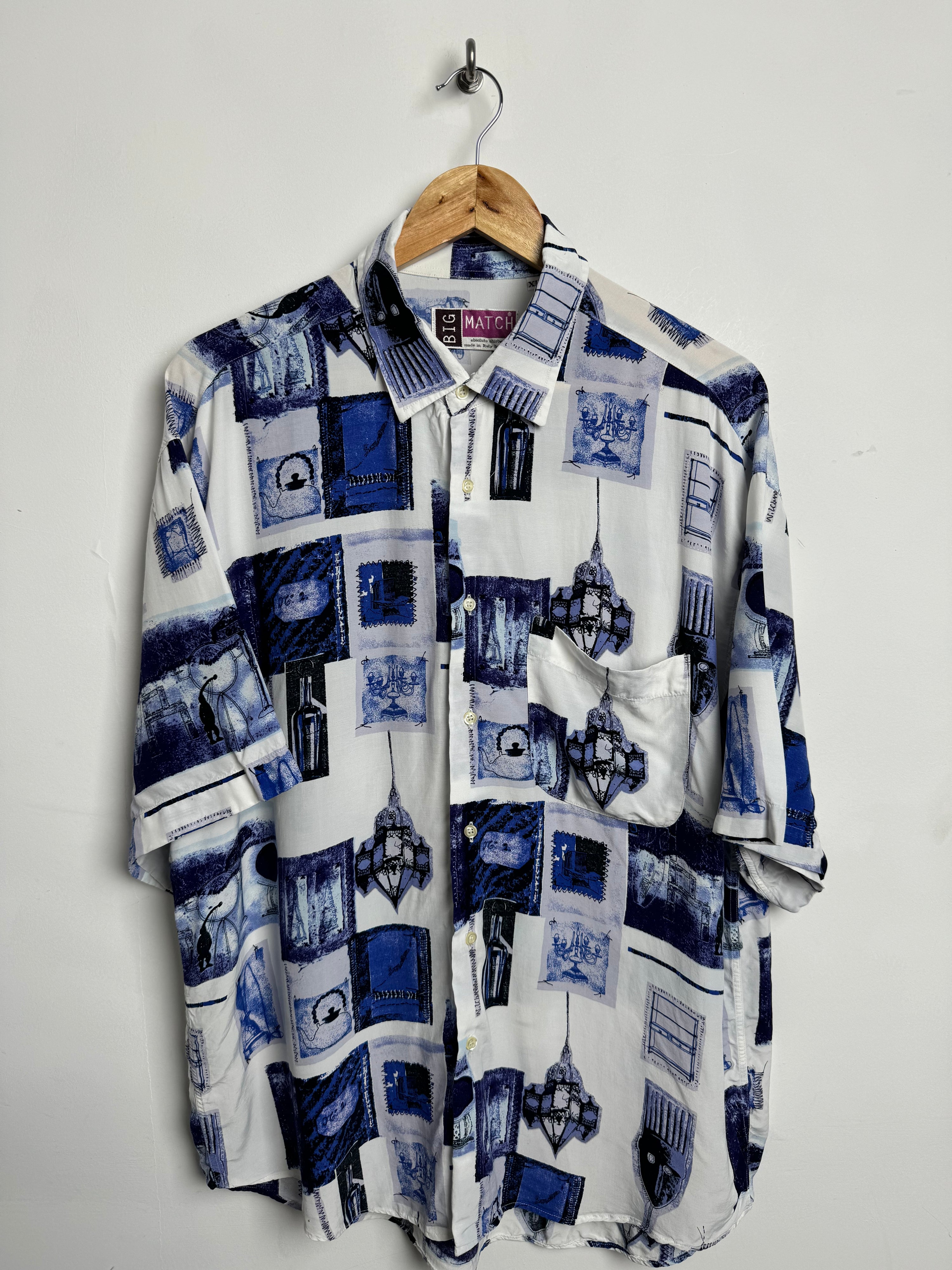 BIG MATCH vintage shirt in white with blue tiled graphic