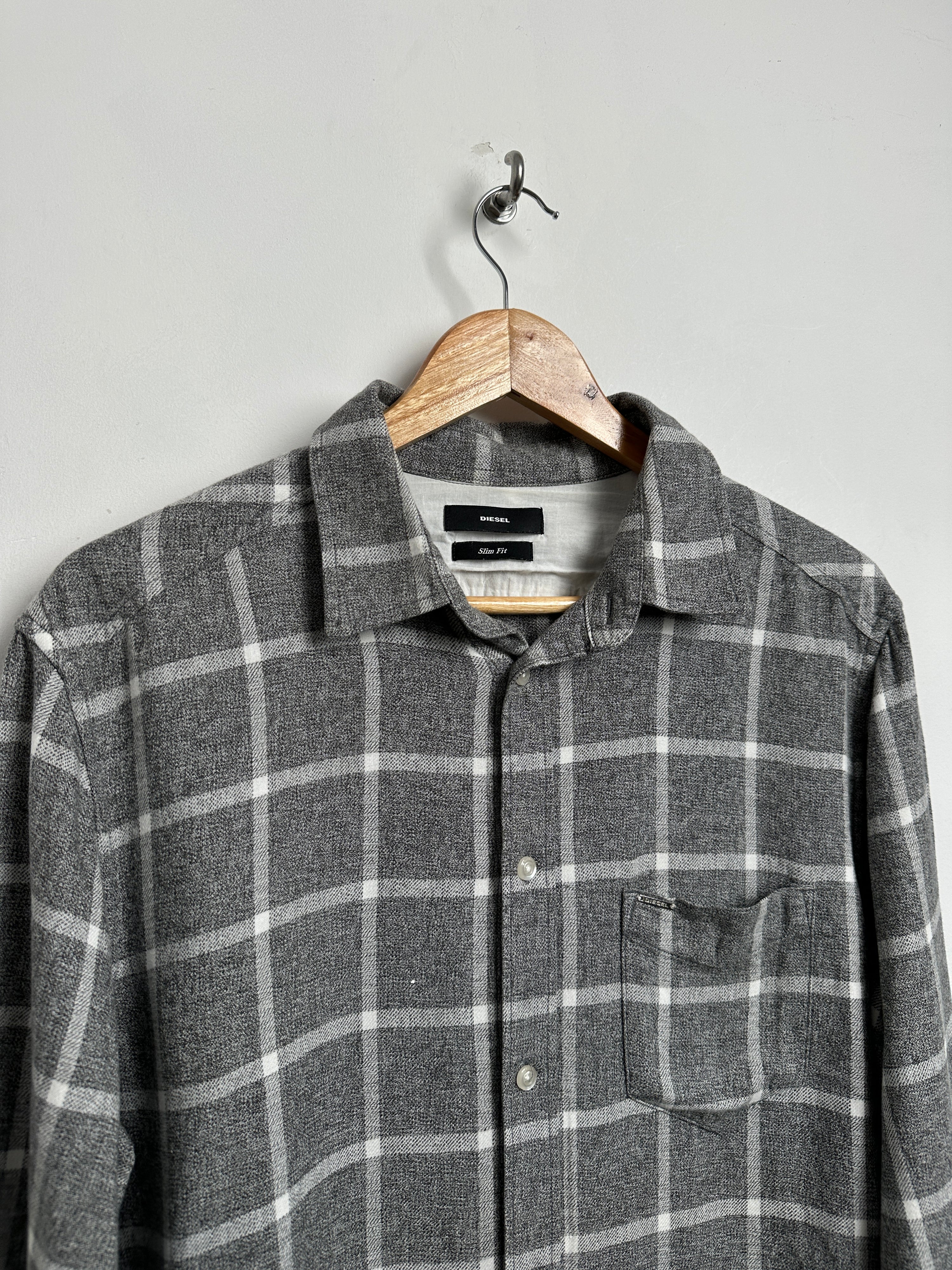 DIESEL Gray Plaid Raw Hem Slim Fit Flannel Button Up Shirt