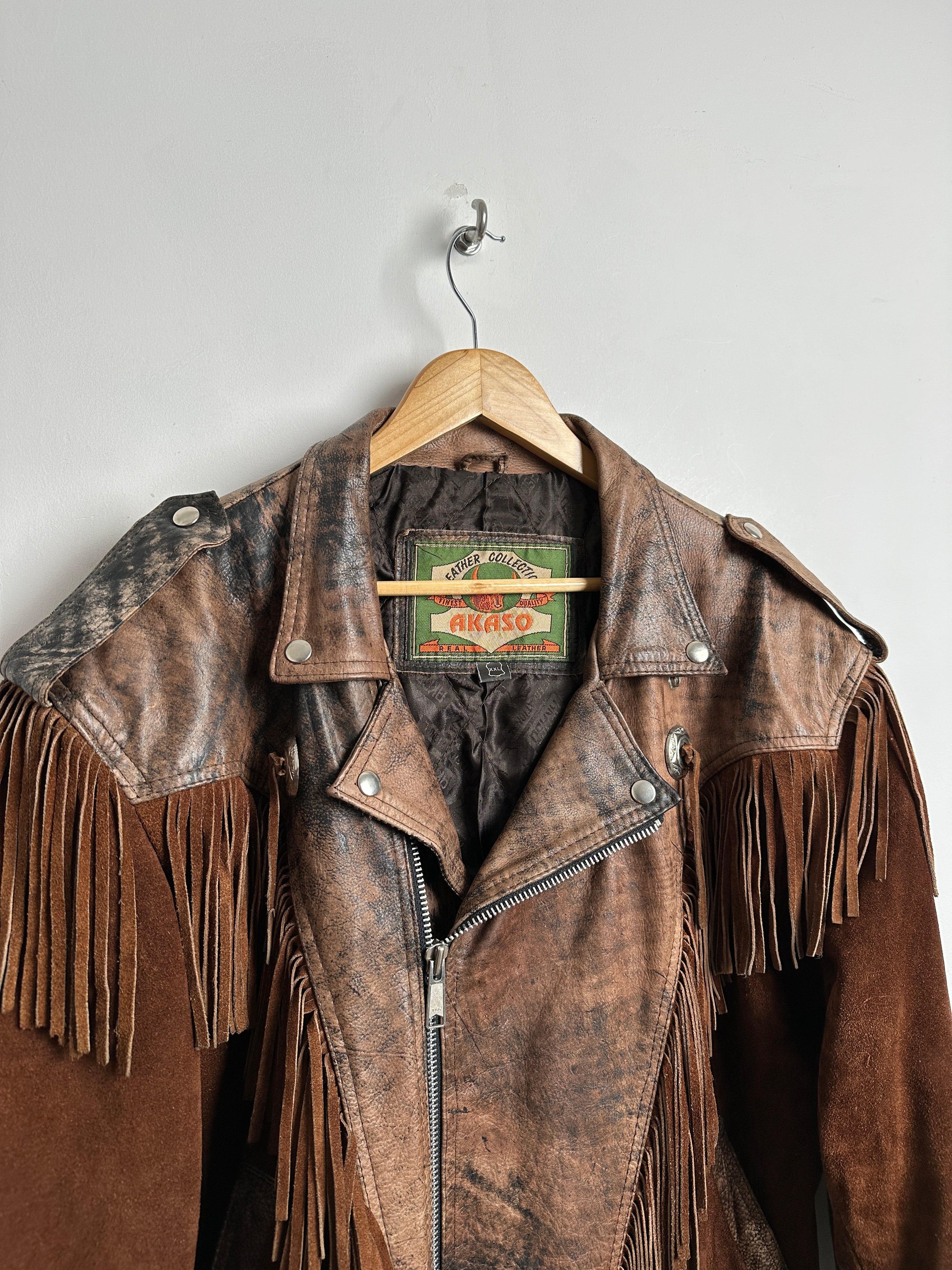 AKASO VINTAGE LEATHER AND SUEDE JACKET WITH FRINGE