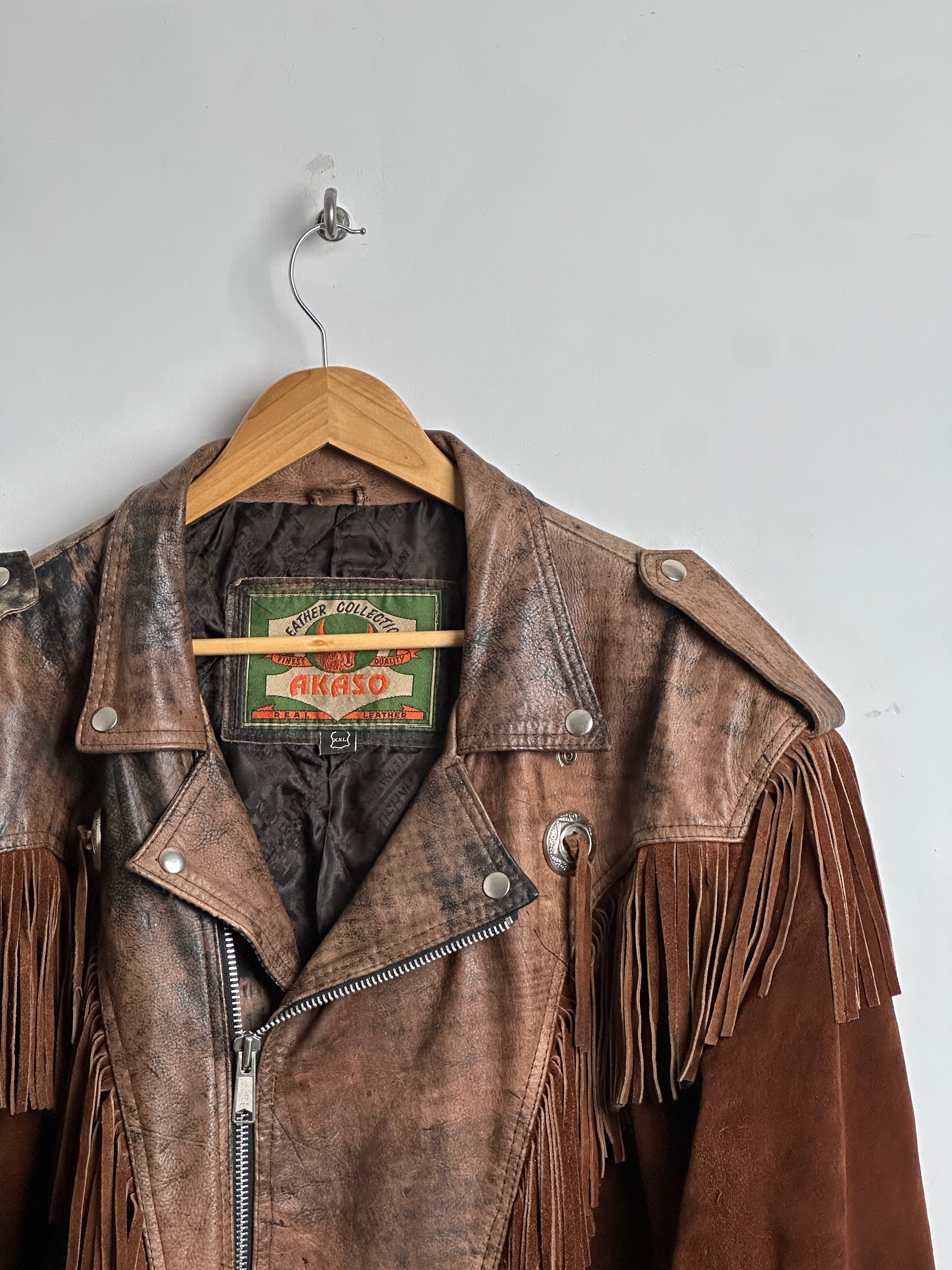 AKASO VINTAGE LEATHER AND SUEDE JACKET WITH FRINGE