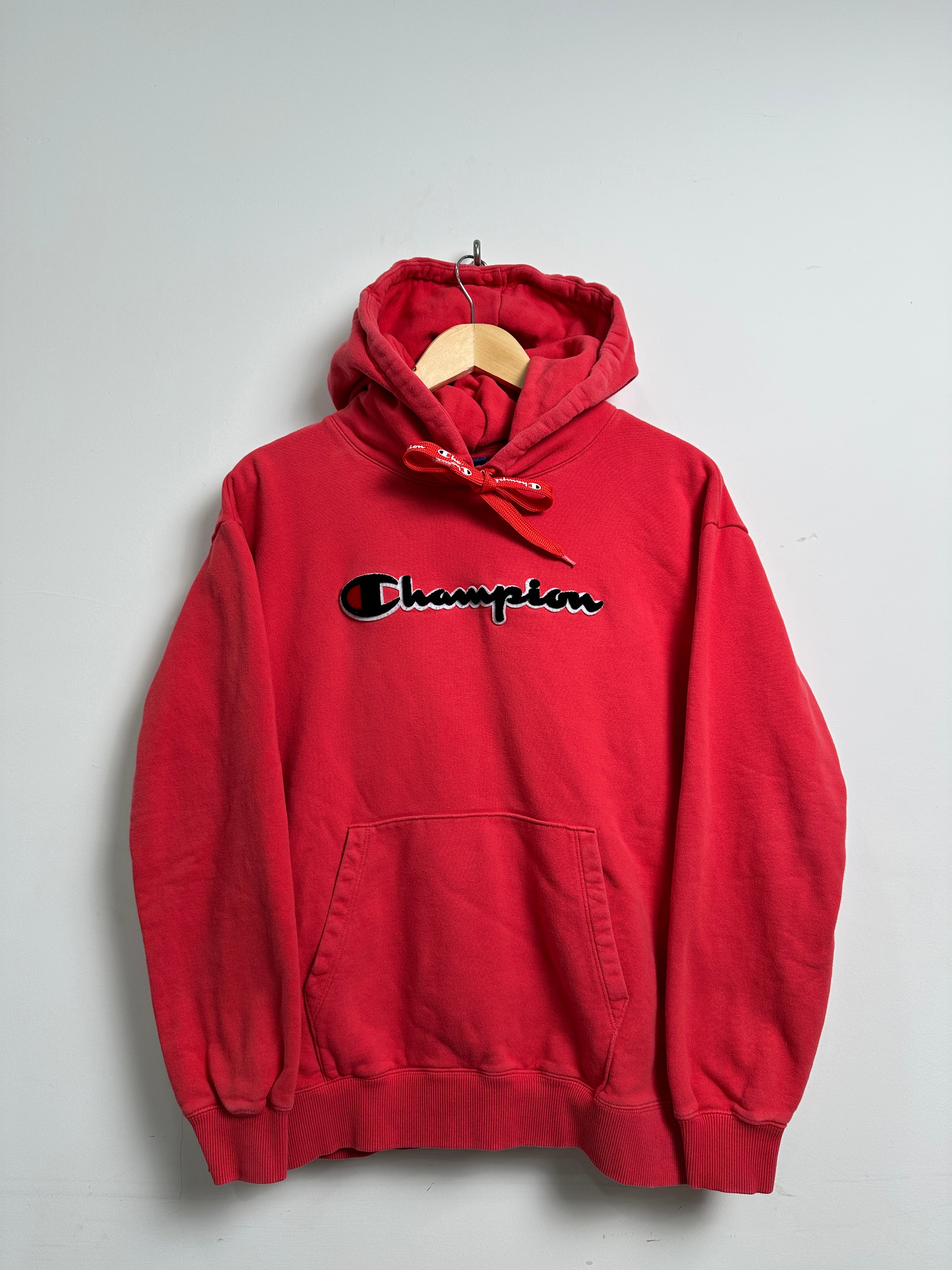 CHAMPION hoodie in red with black spellout logo
