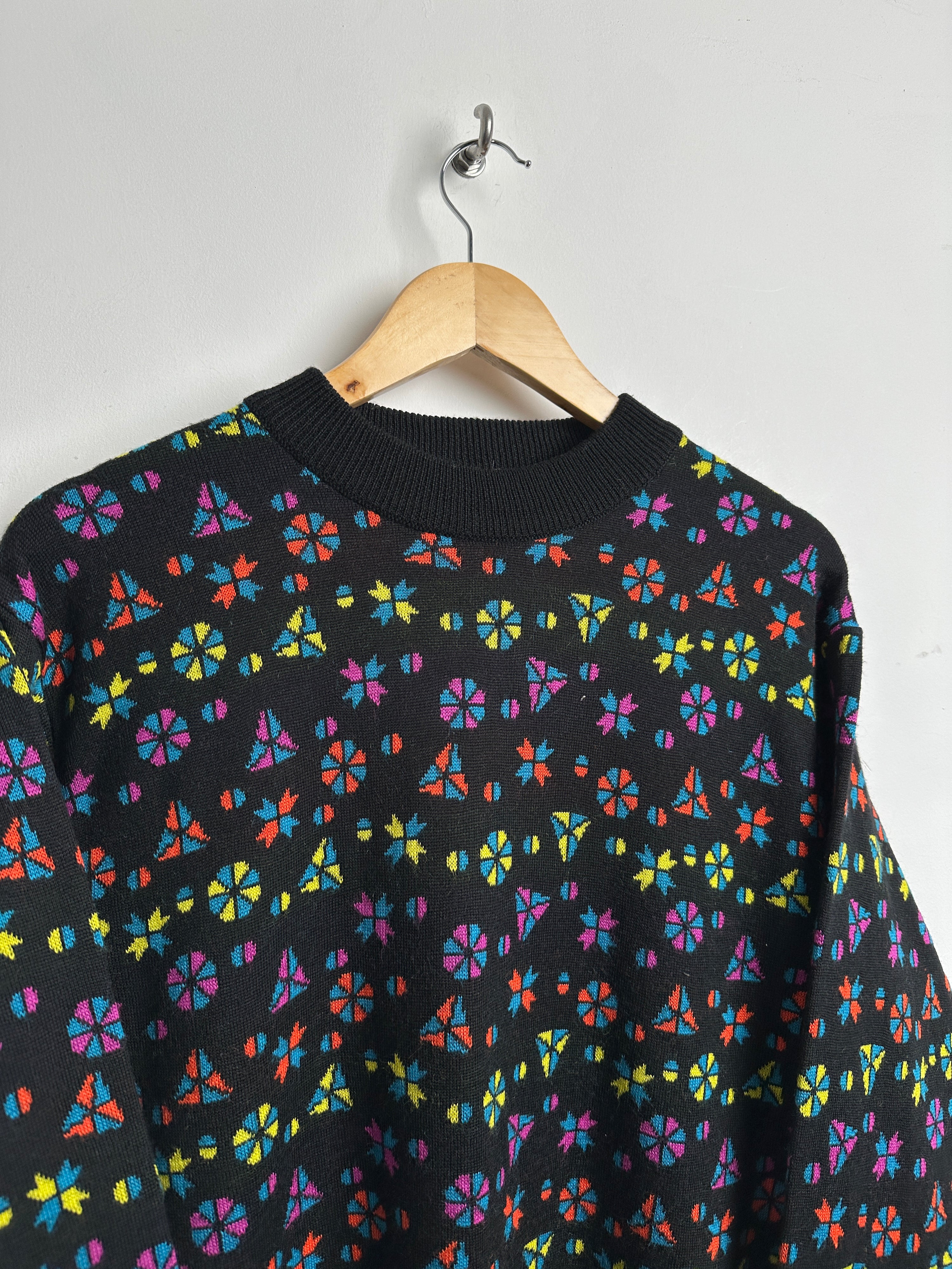 Conte of Florence vintage knit sweater in black with colrful patterns