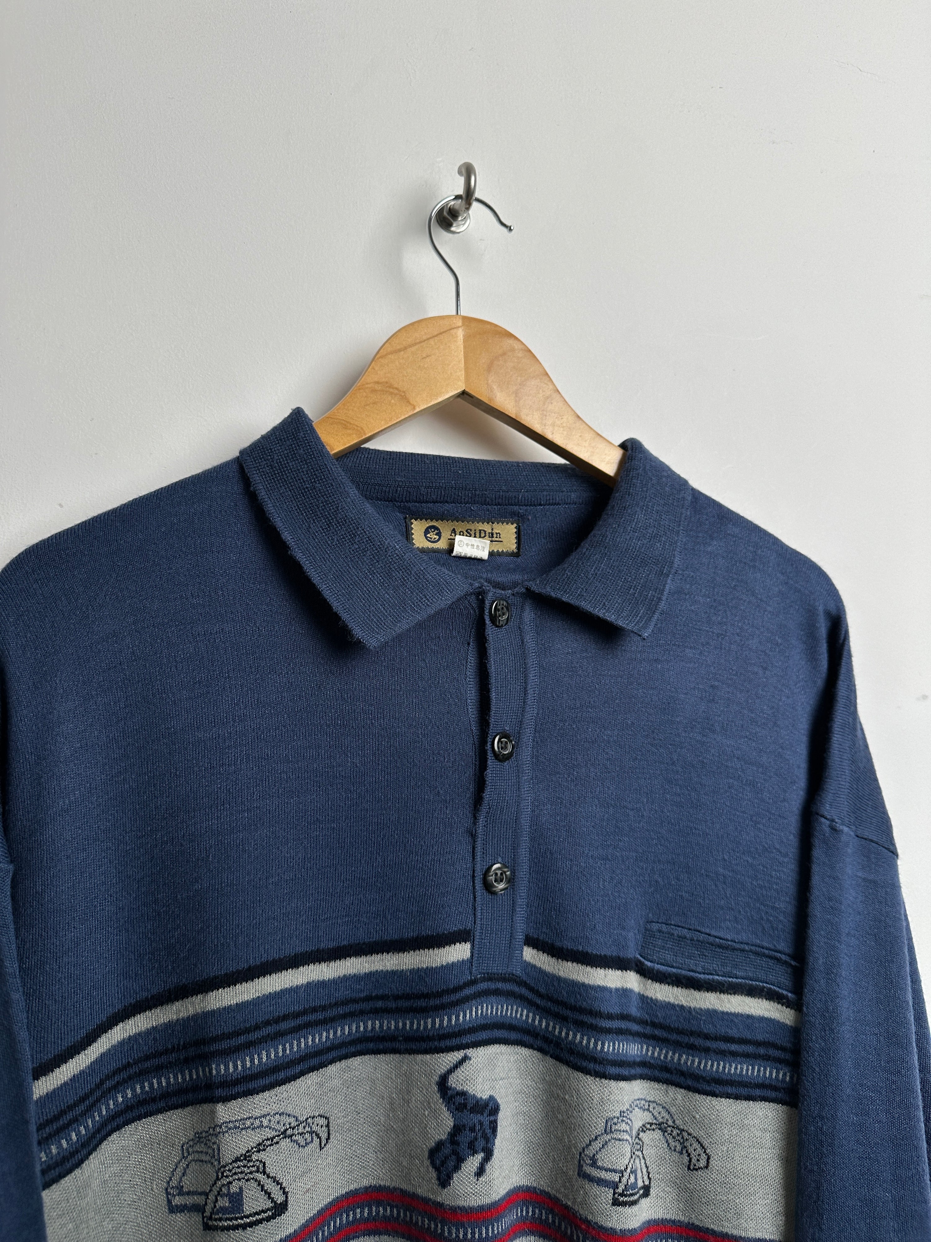 Vintage button up collared-knit sweater in blue