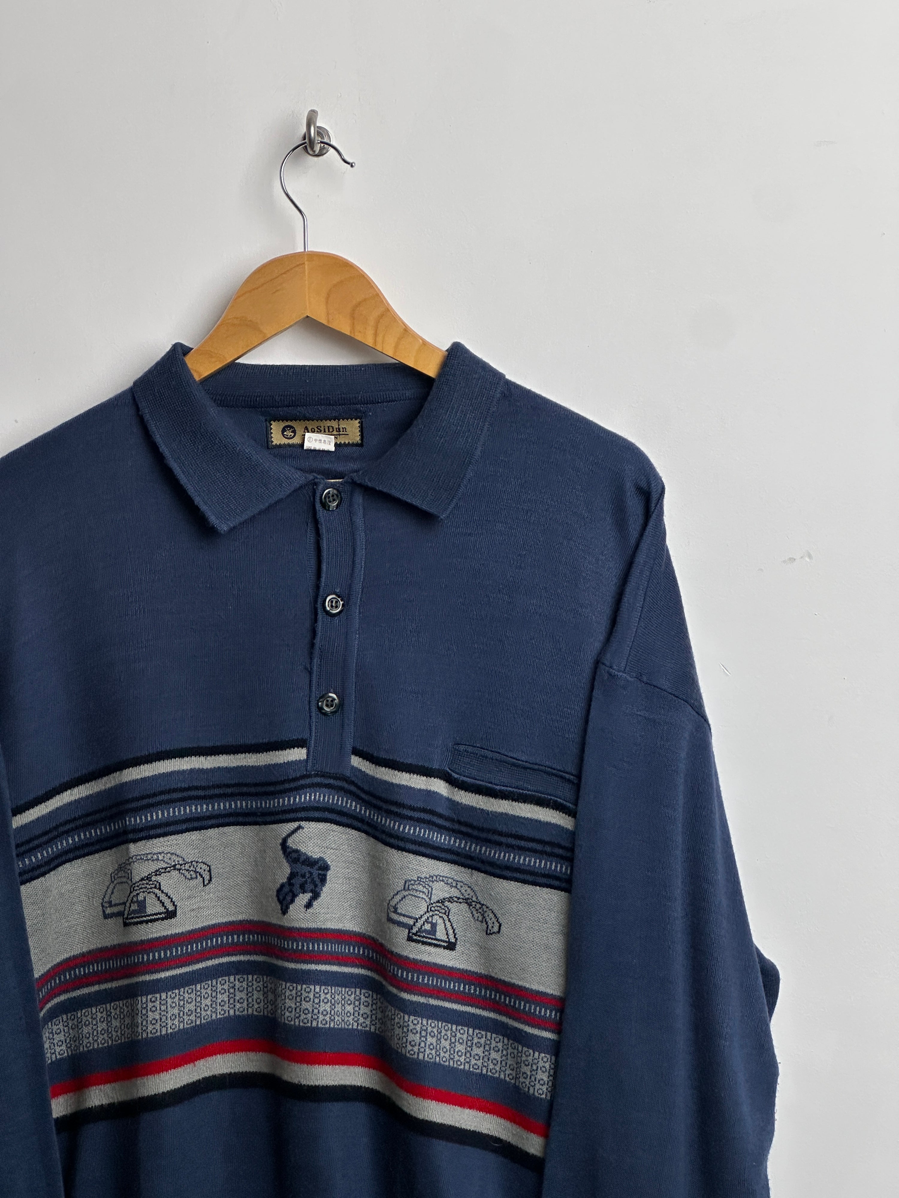 Vintage button up collared-knit sweater in blue - thrift.mt