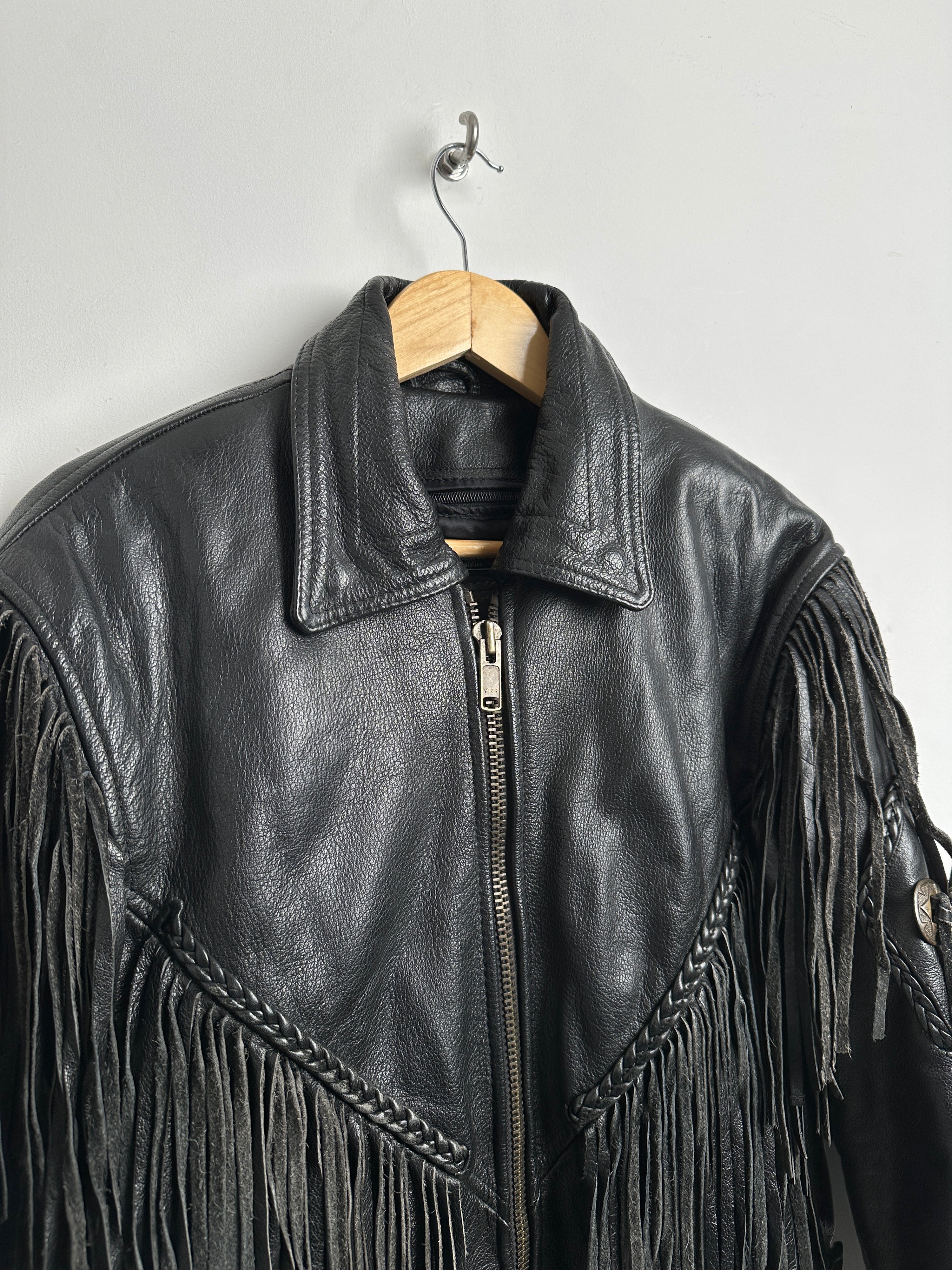 Black leather jacket with fringe