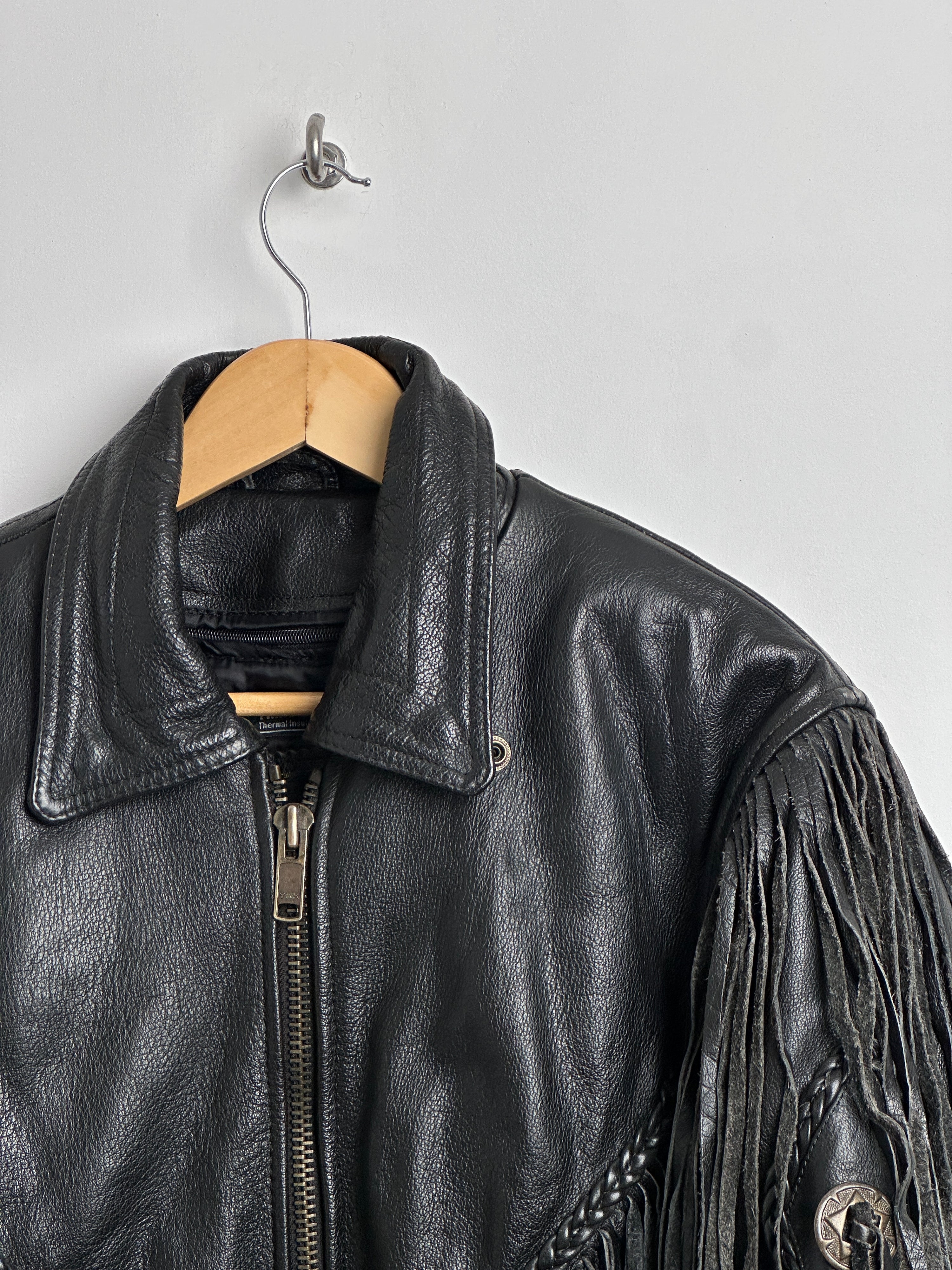 Black leather jacket with fringe