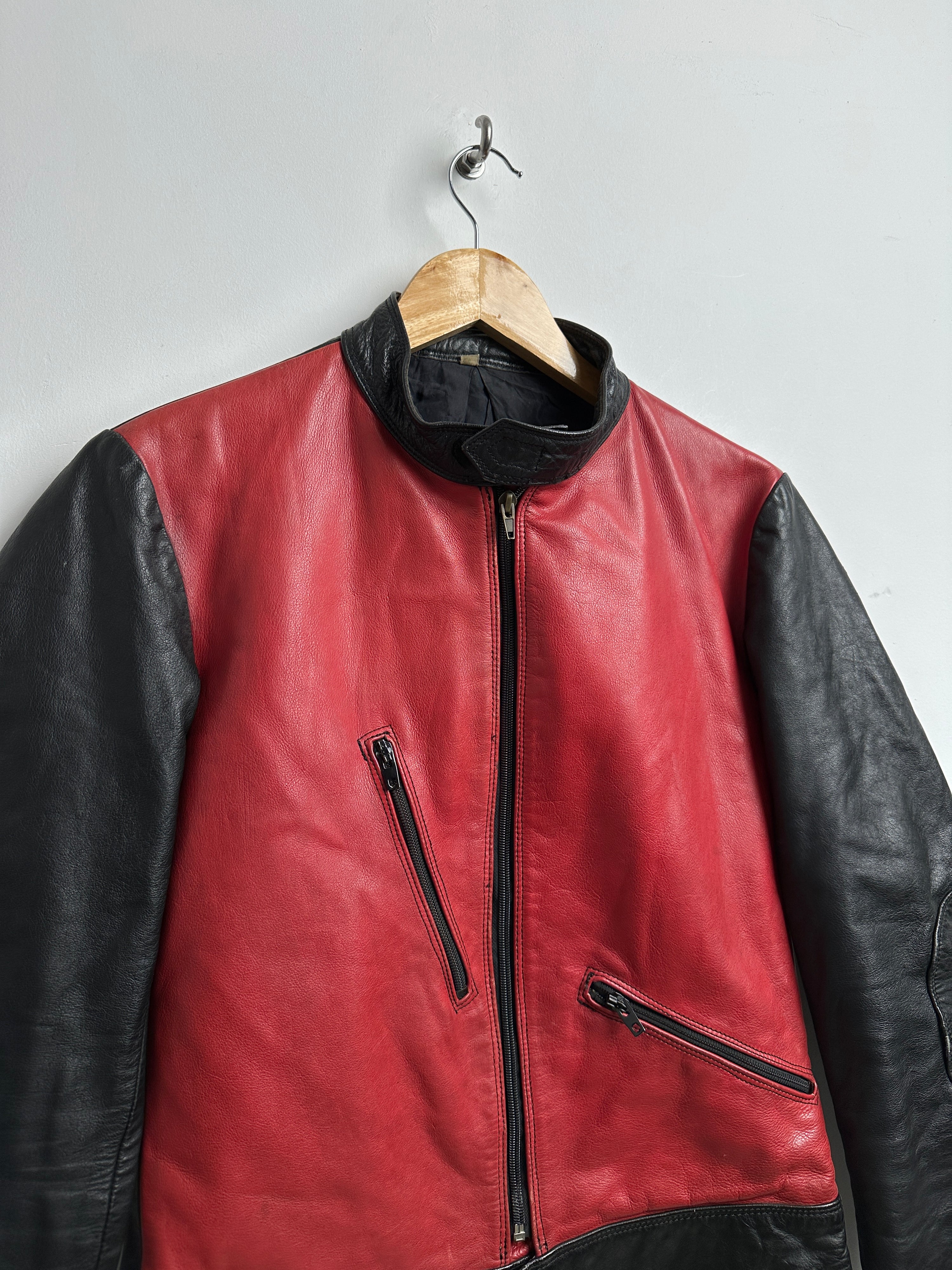 Vintage bikers jacket red and black leather with zippers