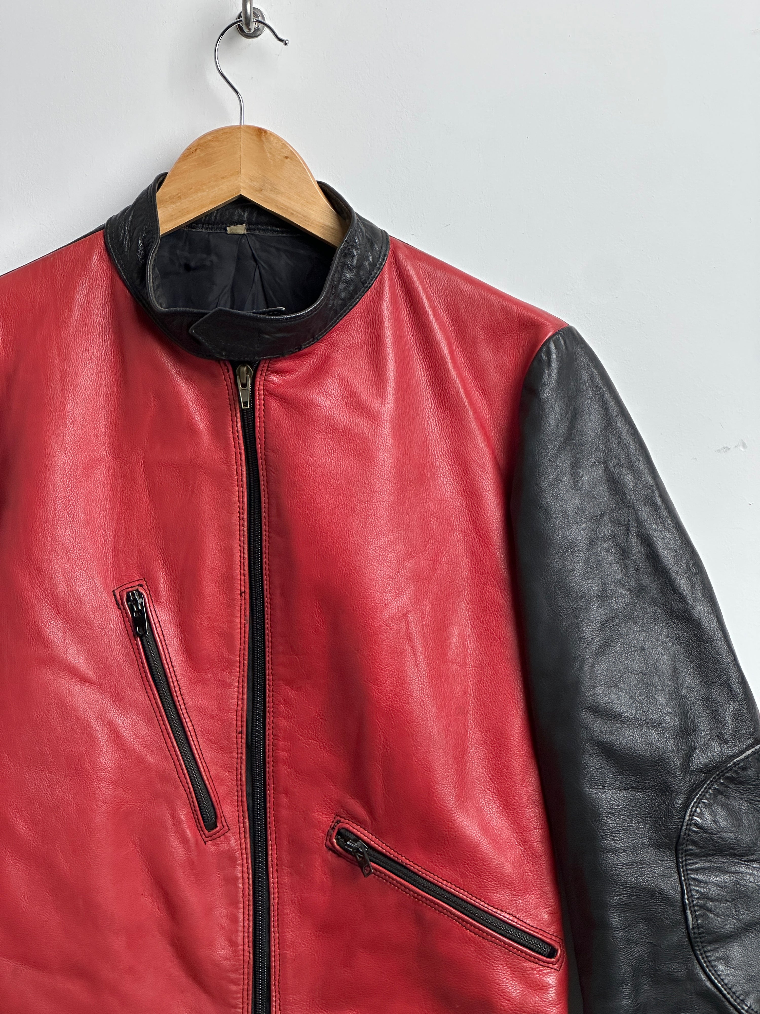 Vintage bikers jacket red and black leather with zippers