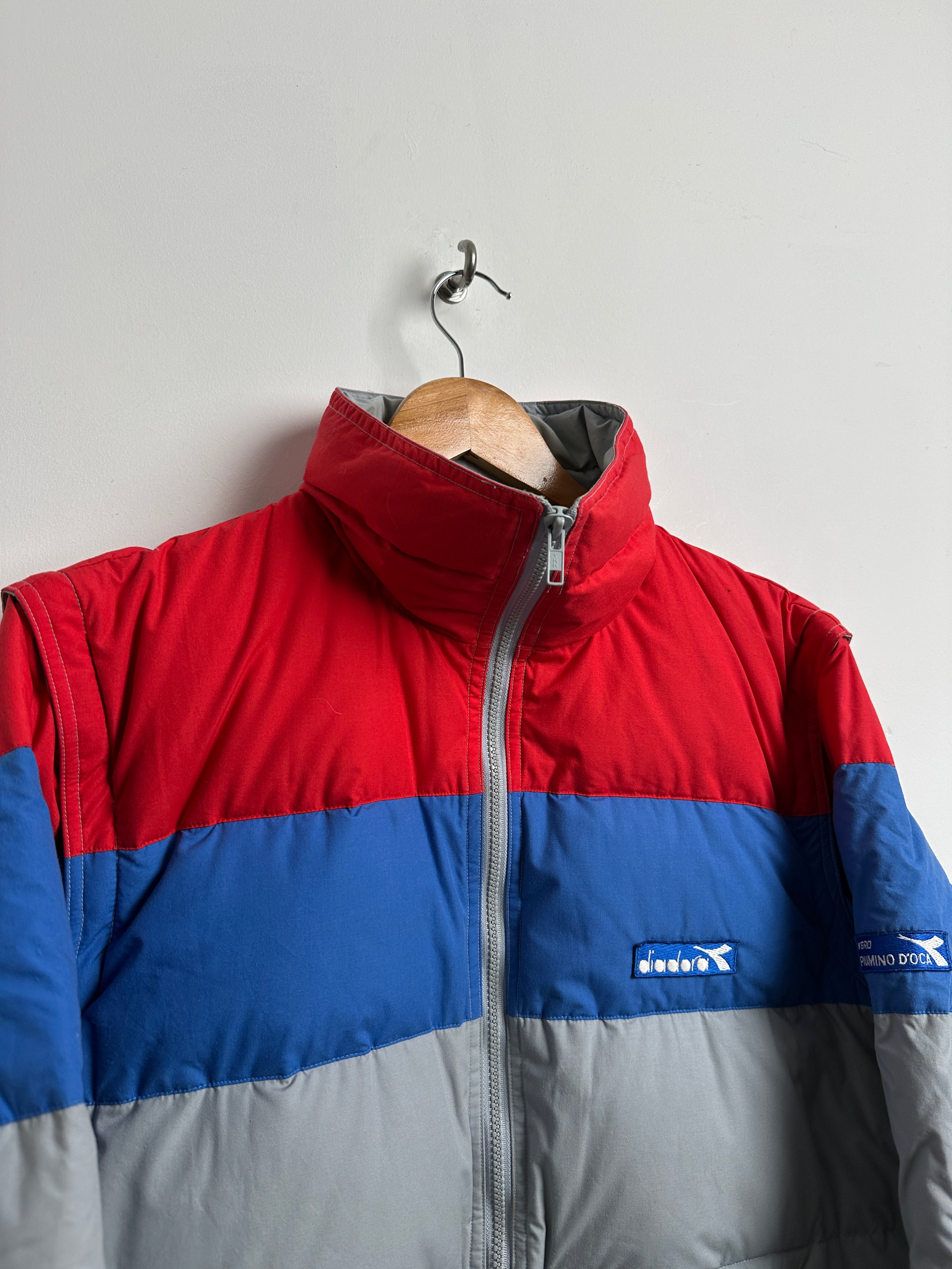 diadora striped puffer red blue and silver