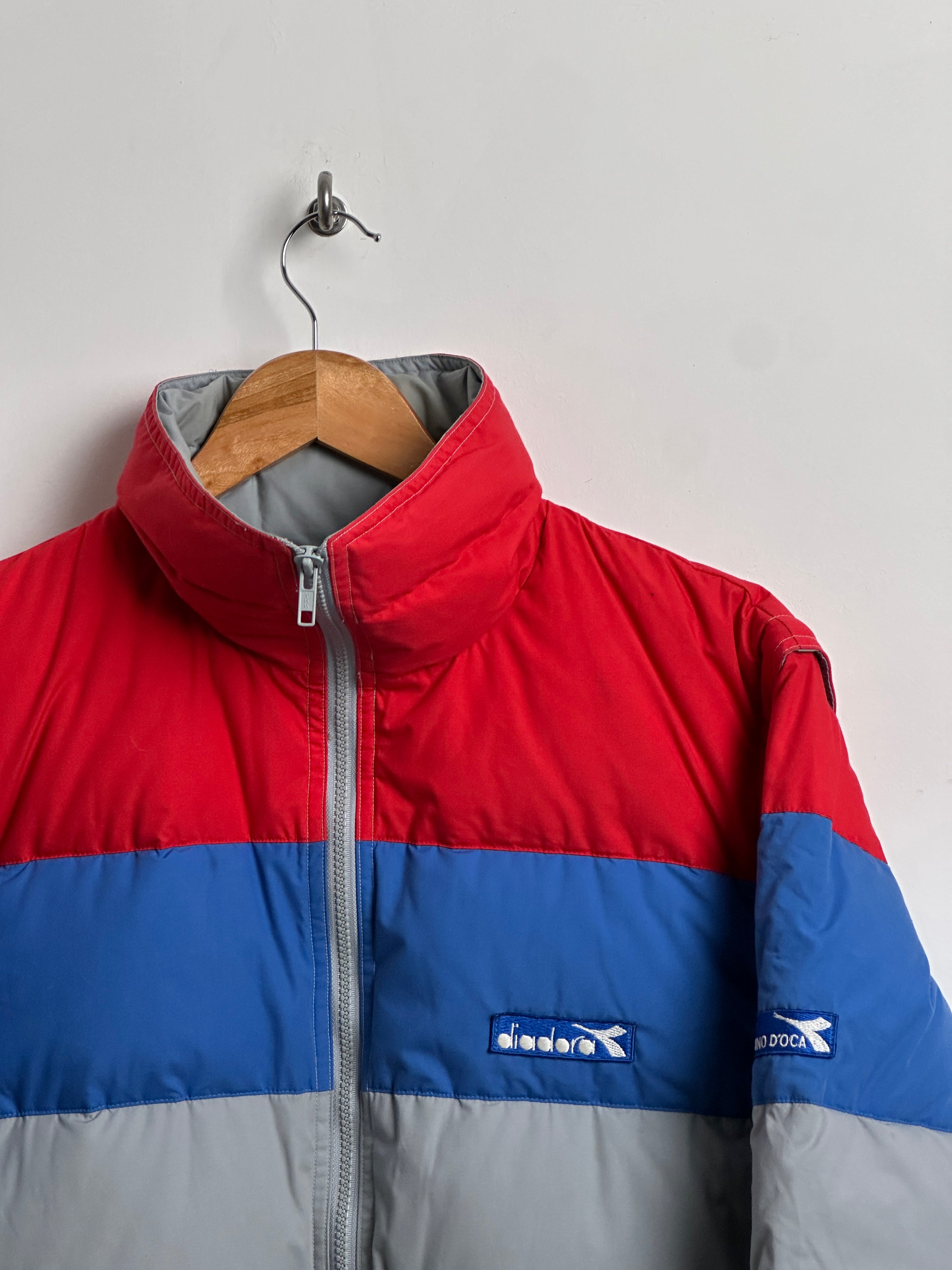 diadora striped puffer red blue and silver