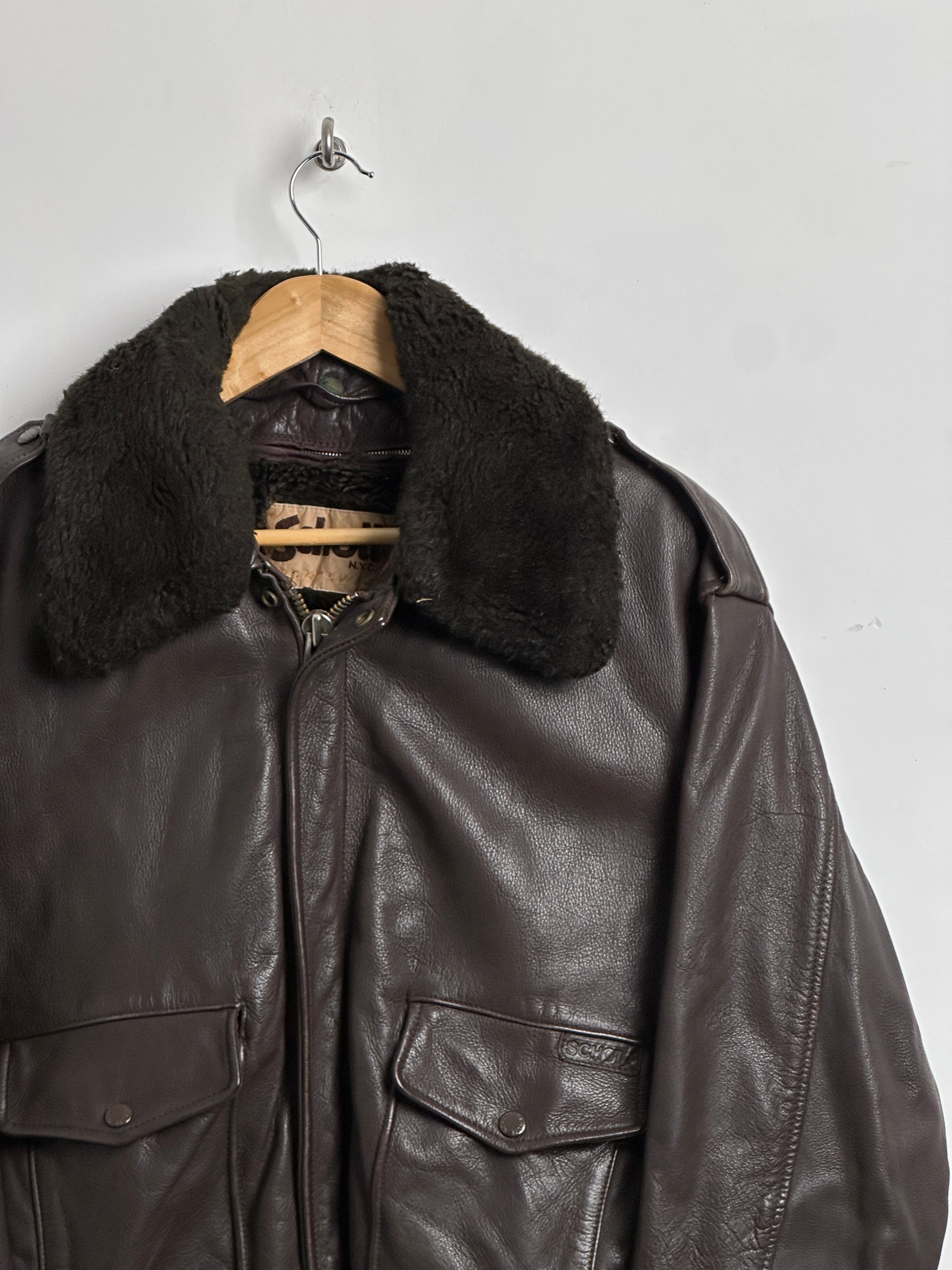 Vintage Schott NYC leather jacket in brown with fur collar and lining