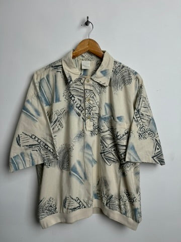 Vintage short-sleeve 100% Baumwolle cotton shirt/polo hybrid in beige with blue and green drawings