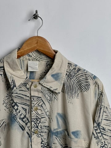 Vintage short-sleeve 100% Baumwolle cotton shirt/polo hybrid in beige with blue and green drawings